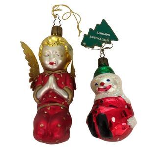 2 VINTAGE GLASS PAINTED ORNAMENTS: ANGEL AND SANTA BEAR